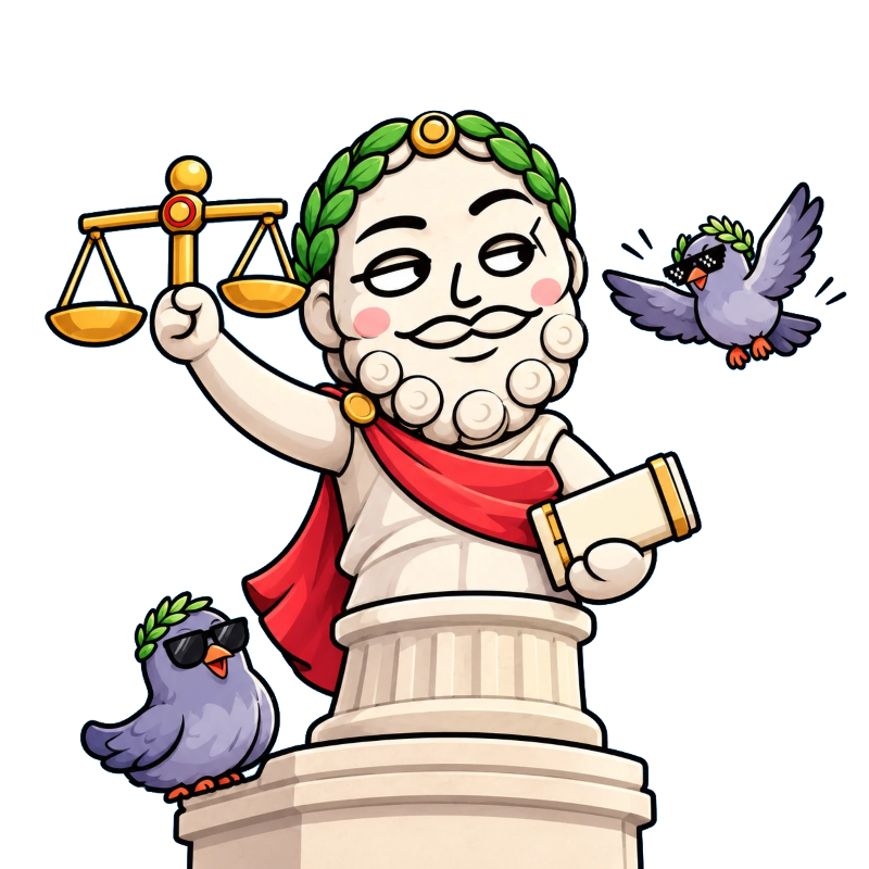 Splitocrates, a cartoon marble philosopher statue holding golden scales and a scroll, with two pigeons in laurel wreaths and sunglasses